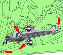 Расположение гаек и болта крепления нижнего рычага передней подвески