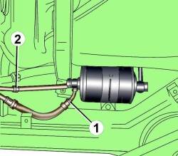Расположение трубок подачи (1) и возврата (2) топлива около топливного фильтра