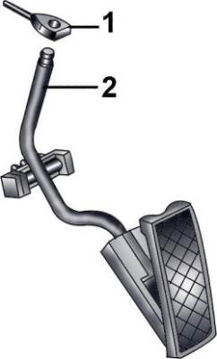 Снятие троса (1) акселератора с верхней части педали (2) акселератора