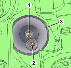 Расположение болта (1) крепления масляного фильтра (3) и пробки (2) сливного отверстия