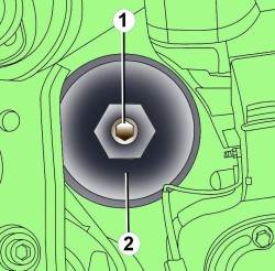 Расположение пробки (1) сливного отверстия на крышке (2) масляного фильтра