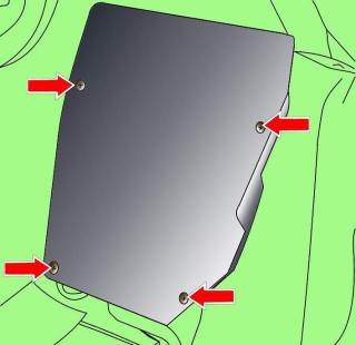 Расположение винтов крепления крышки электронного блока в нише для ног пассажира