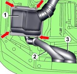 Расположение болтов крепления крышки (1) воздушного фильтра и патрубков (2, 3) воздухозаборника