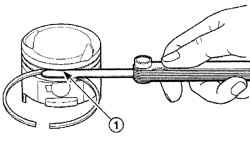 Использование щупа (1) для измерения зазора между поршневым кольцом и стенкой канавки поршня