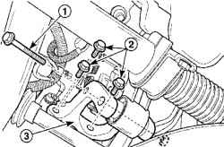 Расположение болта и гайку (1) и болтов (2) крепления нижнего кронштейна двигателя (3)