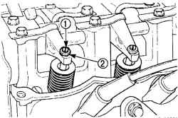 Расположение контргайки (1) и регулировочного винта (2) для регулировки теплового зазора клапанов