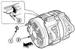 Расположение гайки (1) крепления положительной клеммы аккумуляторной батареи и направление снятия задней крышки (2)