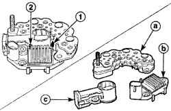 Места соединения диодного моста и щеткодержателя (1) и регулятора напряжения и щеткодержателя (2)