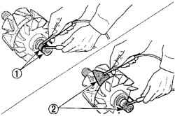 Проверка катушки ротора на обрыв цепи (1) или короткое замыкание (2)