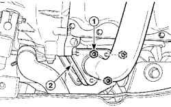 Расположение гаек (1) крепления приемной выхлопной трубы к выпускному коллектору и прокладки (2)