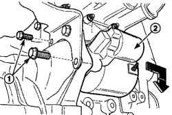 Расположение болтов (1) крепления двигателя стартера (2) к коробке передач и направление его снятия