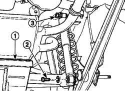 Расположение стойки (1) для поддержки задней оси и гайки (3) и болта (2) крепления амортизатора