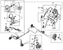 Детали и узлы тормозной системы. Их расположение на автомобиле: 1 — вакуумный усилитель тормозов; 2 — пыльник; 3 — шплинт; 4 — скоба толкателя; 5 — штифт с головкой и отверстием под шплинт; 6 — прокладка; 7 — рамка крепления гидравлического привода тормозов; 8 — главный тормозной цилиндр в сборе; 9 — бачок тормозной жидкости в сборе; 10 — крышка бачка тормозной жидкости; 11 — бачок для тормозной жидкости; 12 — уплотнитель; 13 — главный тормозной цилиндр; 14 — кронштейн; 15 — пропорциональный клапан; 16 — выключатель стоп-сигнала; 17 — педаль тормоза в сборе; 18 — пружина педали сцепления; 19 — кронштейн педали в сборе; 20 — накладка педали сцепления; 21 — педаль сцепления; 22 — опорная подушка; 23 — втулка; 24 — стопорное кольцо; 25 — пружина; 26 — накладка педали тормоза; 27 — педаль тормоза; 28 — пружина педали тормоза; 29 — накладка педали акселератора; 30 — педаль акселератора; 31 — задний тормозной шланг; 32 — Е-образная стопорная шайба; 33 — передний тормозной шланг; 34 — соединительный болт тормозной пружины; 35 — шайбаРис. 7.1. Детали и узлы тормозной системы. Их расположение на автомобиле