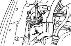 Расположение болтов крепления бачка хладагента (1) и кронштейна (2) бачка хладагента