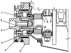 Расположение нижнего болта (1) крепления генератора и болта (2) регулировки натяжения ремня на двигателе TU5JP4