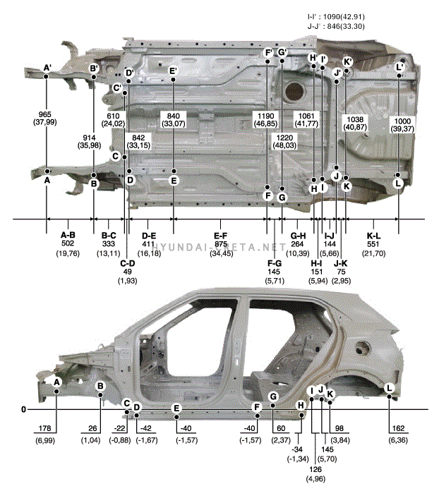 6. Нижняя часть кузова. Проецируемый размер, Фактически измеряемые размеры Hyundai creta