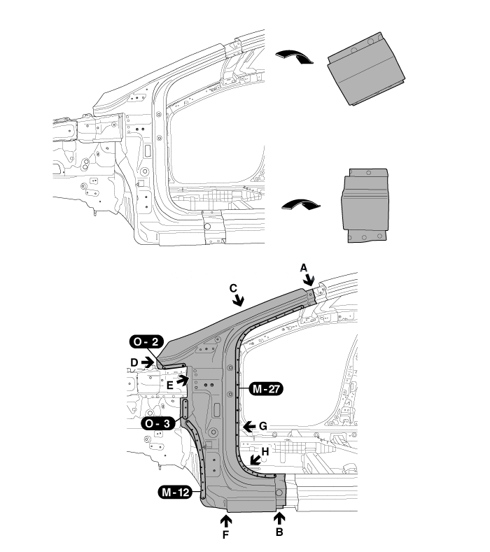 1. Установка внешней панели передней стойки  , Внутренняя панель передней стойки Hyundai Elantra MD