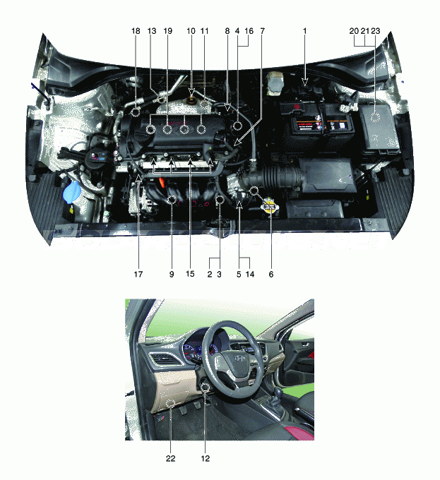 1. Местоположение компонентов Hyundai Solaris HCr