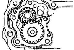 Совмещение меток (1) при установке шестерен масляного насоса в переднюю крышку