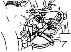 Расположение регулировочной гайки (1) крепления троса (2) управления к рычагу (3) автоматической коробки передач