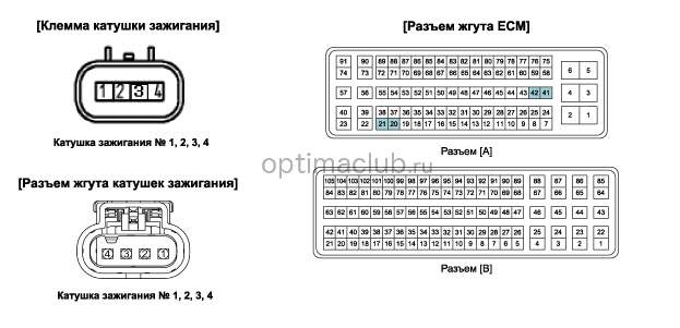 3. Принципиальная электрическая схема, Виды разъемов, Функция вывода катушки зажигания Kia optima jf