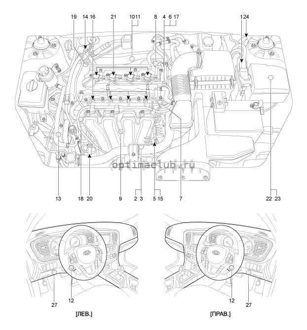 2. Местоположение компонентов Kia Optima TF