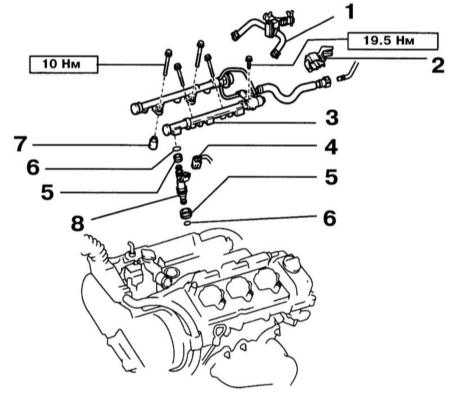 6.1.6 Снятие и установка топливных распределительных магистралей и инжекторов Lexus RX300
