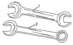 Двухсторонний рожковый гаечный ключ (вверху) и комбинированный рожково-накидной ключ (внизу)