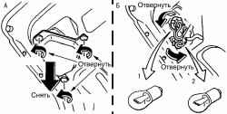 Замена ламп заднего противотуманного света (1) и света заднего хода (2) в кузове седан