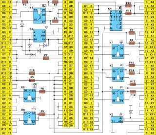 Схема соединений монтажного блока (наружная цифра в обозначении наконечника провода — номер колодки, а внутренняя цифра — условный номер штекера)